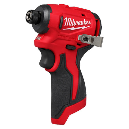 Red Milwaukee cordless drill on a white background
