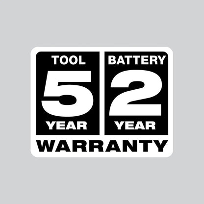 Warranty label for tools and battery with text '5 year tool warranty' and '2 year battery warranty' on a gray background.