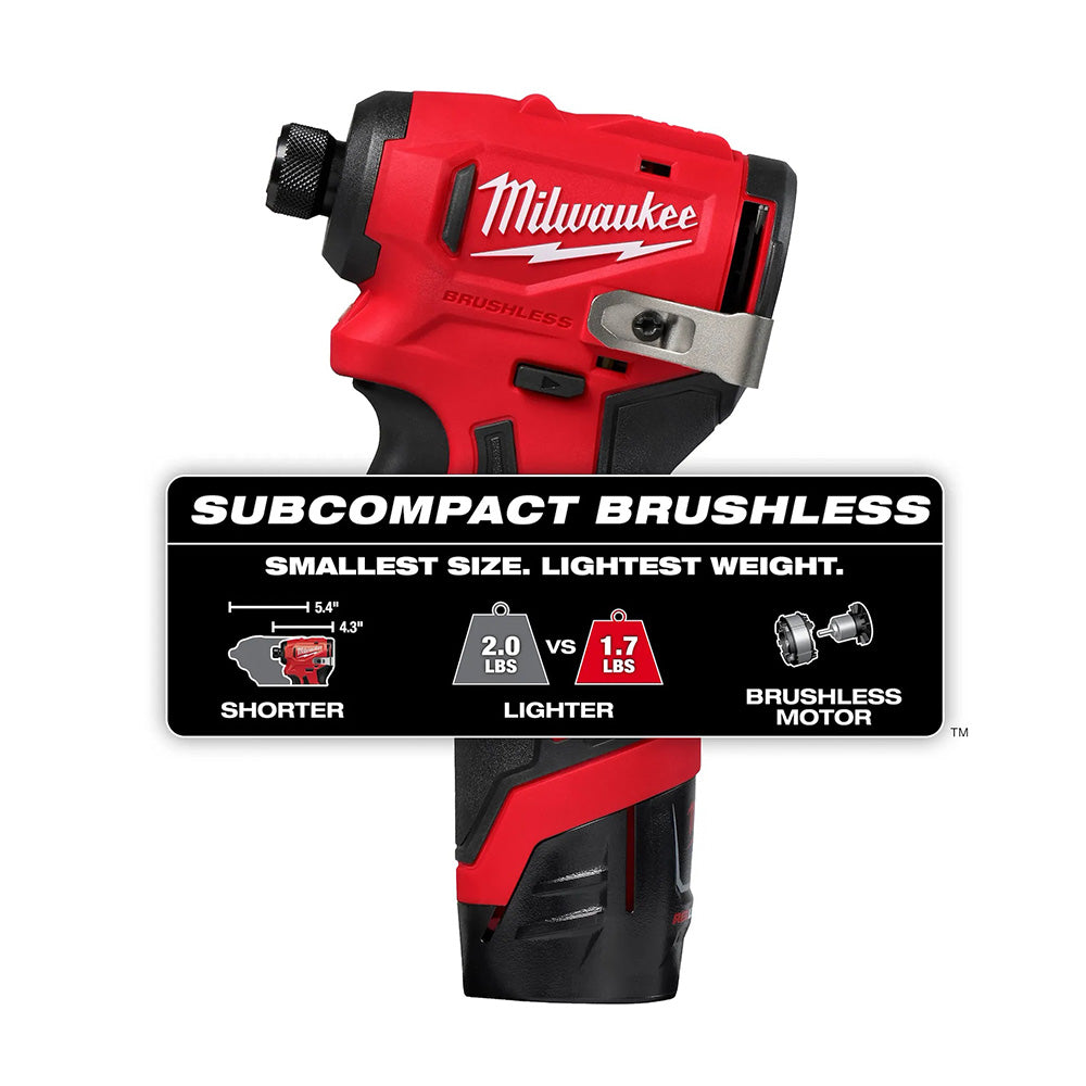 Red Milwaukee power tool with features highlighted on a white background