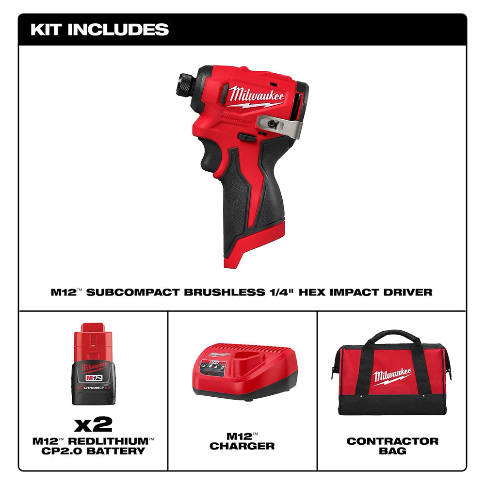 Milwaukee tool kit including a subcompact brushless impact driver, batteries, charger, and bag on a white background.