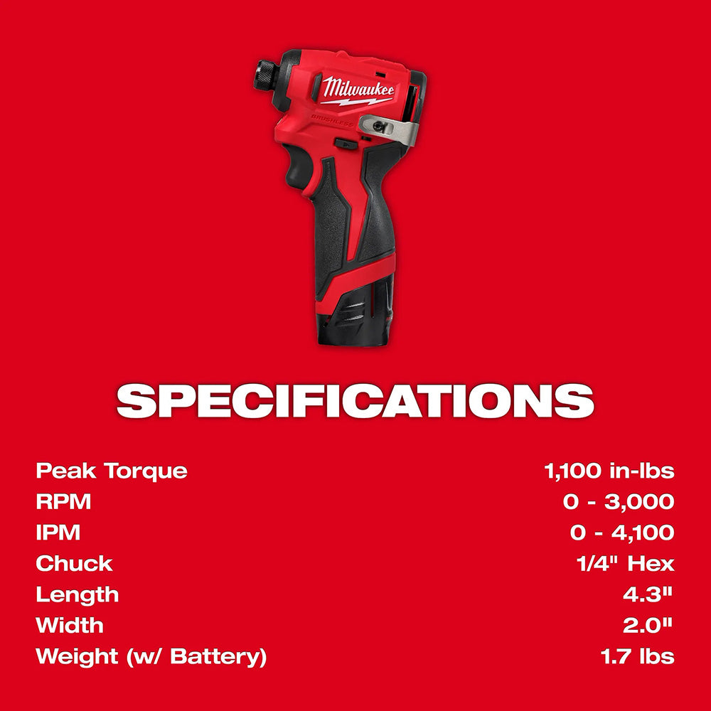 Milwaukee tool on a red background with specifications listed.