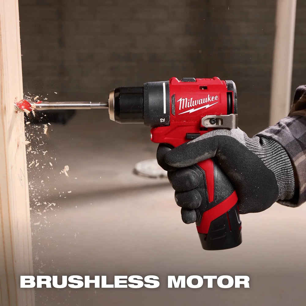 Person using a Milwaukee cordless drill on a wooden surface with 'Brushless Motor' text.