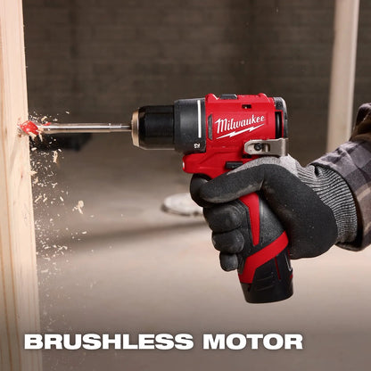 Person using a Milwaukee cordless drill on a wooden surface with 'Brushless Motor' text.