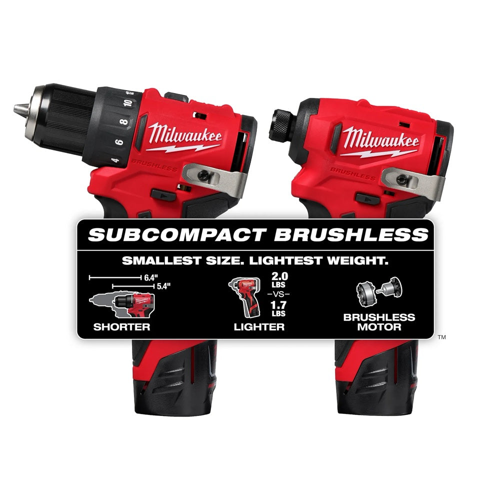 Two Milwaukee subcompact brushless drills on a white background with product features highlighted.