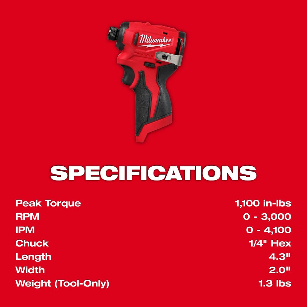 Milwaukee tool on a red background with specifications listed.