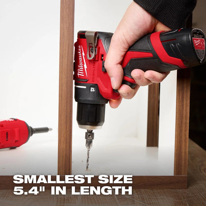 Person using a Milwaukee power drill on wooden furniture with text indicating size.
