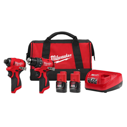Milwaukee tool kit with drill, battery, charger, and bag on a white background