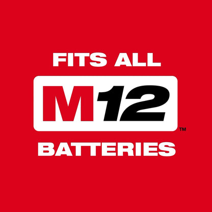Red background with 'FITS ALL M12 BATTERIES' text and logo.