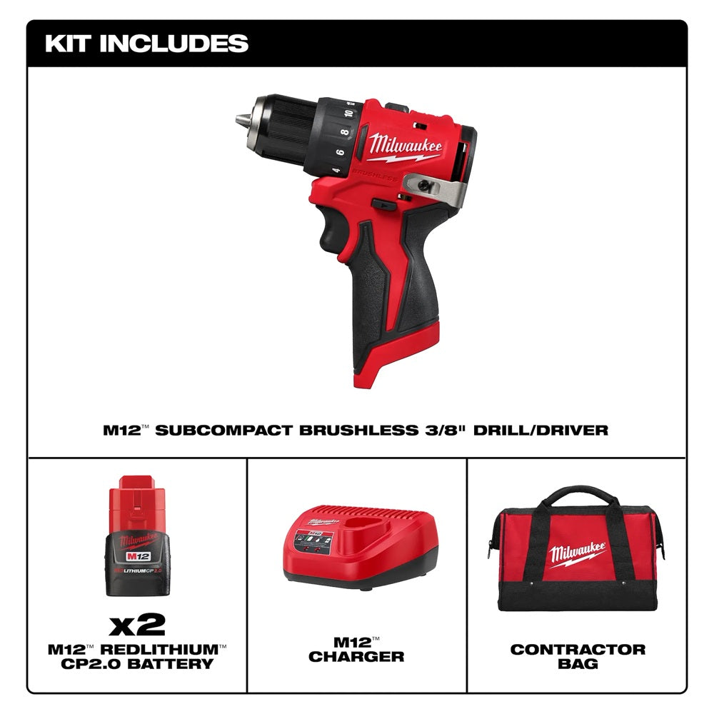 Milwaukee tool kit including drill, batteries, charger, and bag on a white background