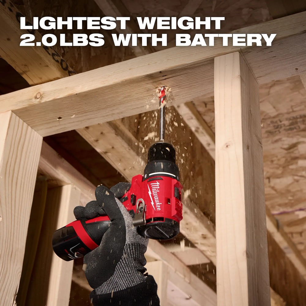 Person using a Milwaukee drill in a wooden structure with text highlighting weight.