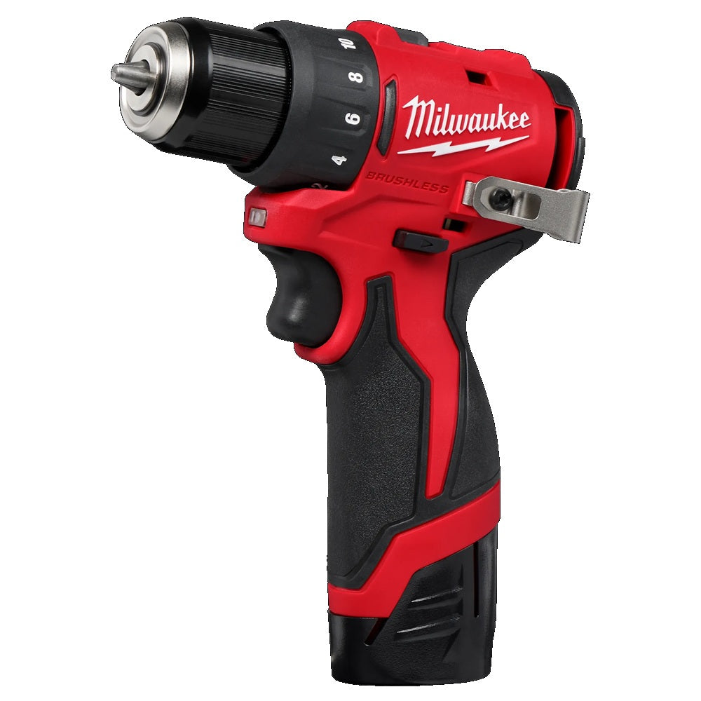 Red and black Milwaukee drill on a white background