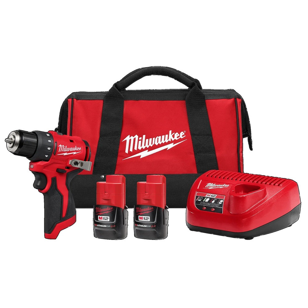 Milwaukee power drill set with two batteries and a charger on a white background