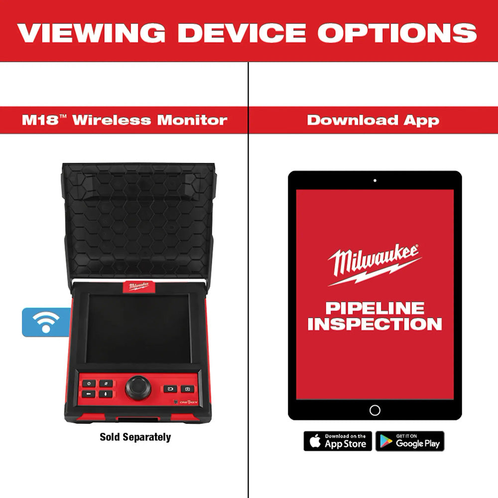 Milwaukee M18 Wireless Monitor and tablet with 'Milwaukee Pipeline Inspection' app on a red and white background.