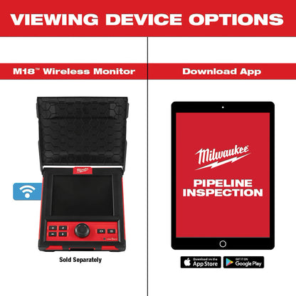 Milwaukee M18 Wireless Monitor and tablet with 'Milwaukee Pipeline Inspection' app on a red and white background.