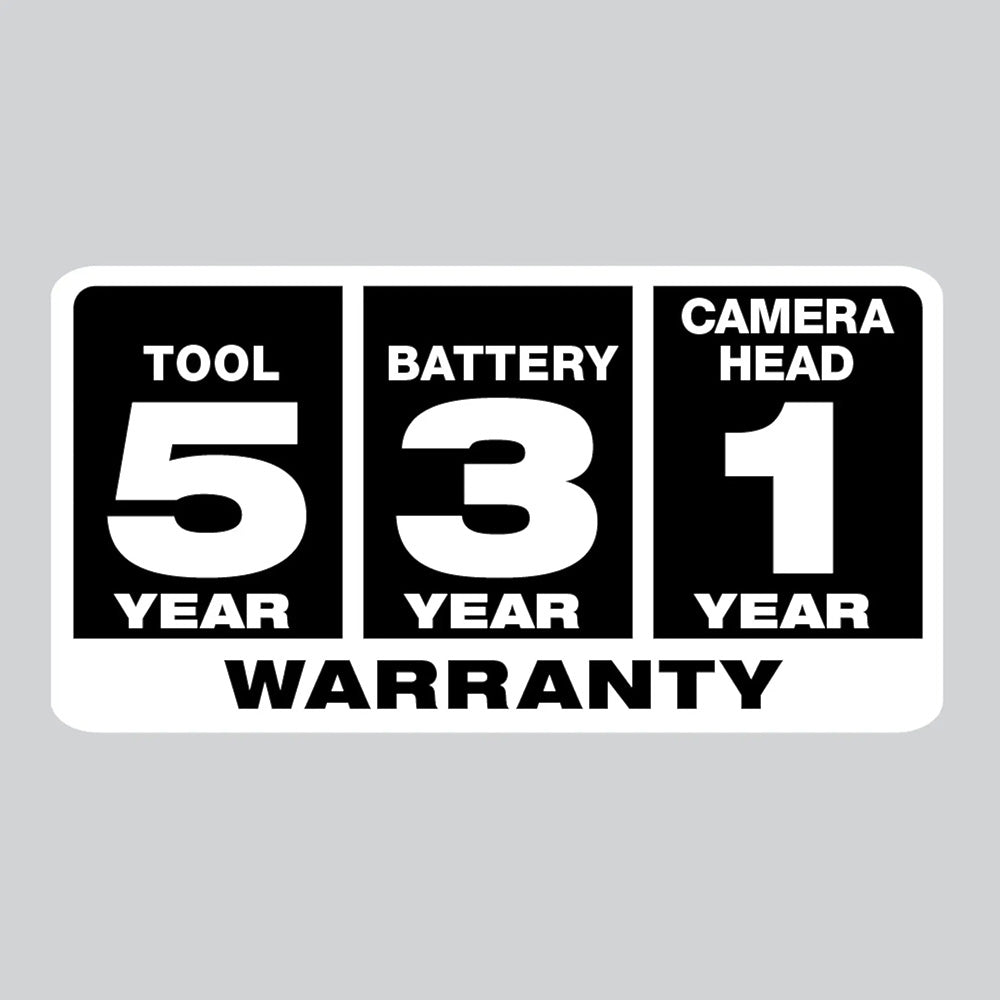 Tool 5 Year, Battery 3 Year, Camera Head 1 Year Warranty