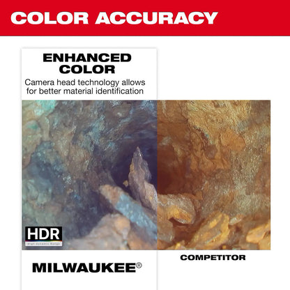 Comparison of Milwaukee and competitor material identification with HDR technology on a red and white background.