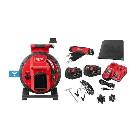 Milwaukee tool set with red and black components on a white background