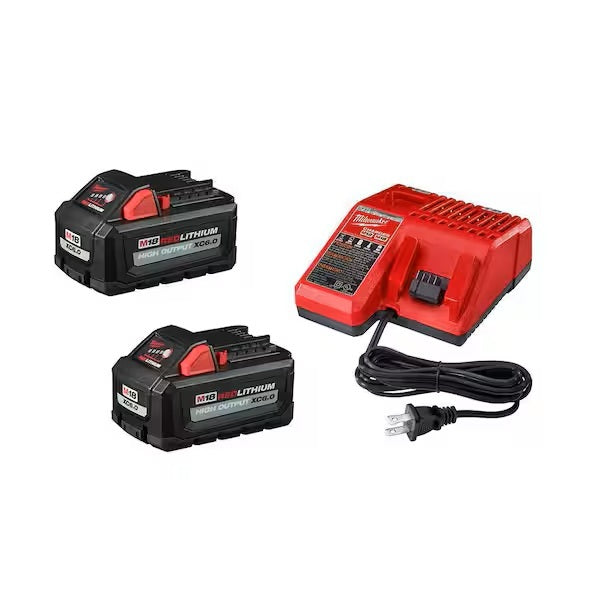Two Milwaukee M18 Lithium-ion batteries and a charger on a white background