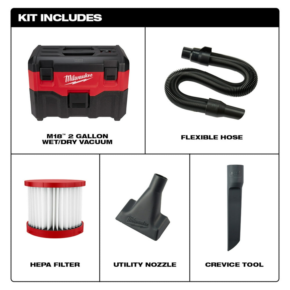 M18™ 2-Gallon Wet/Dry Vacuum includes Flexible Hose, Hepa Filter, Utility Nozzle, Crevice Tool