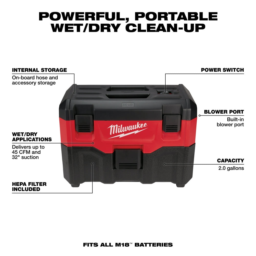 M18™ 2-Gallon Wet/Dry Vacuum - Specs