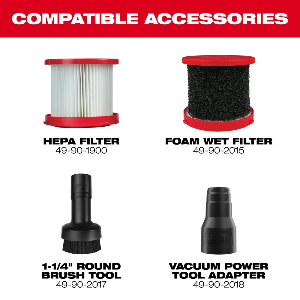 Compatible Accessories include HEPA Filter, Foam Wet Filter, 1-1/4" Round Brush Tool, Vacuum Power Tool Adapter