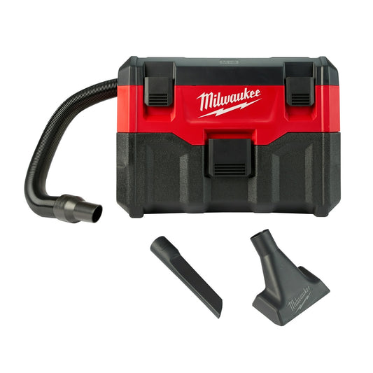 A red and black Milwaukee M18 2-gallon wet/dry vacuum with a flexible hose and crevice tool.