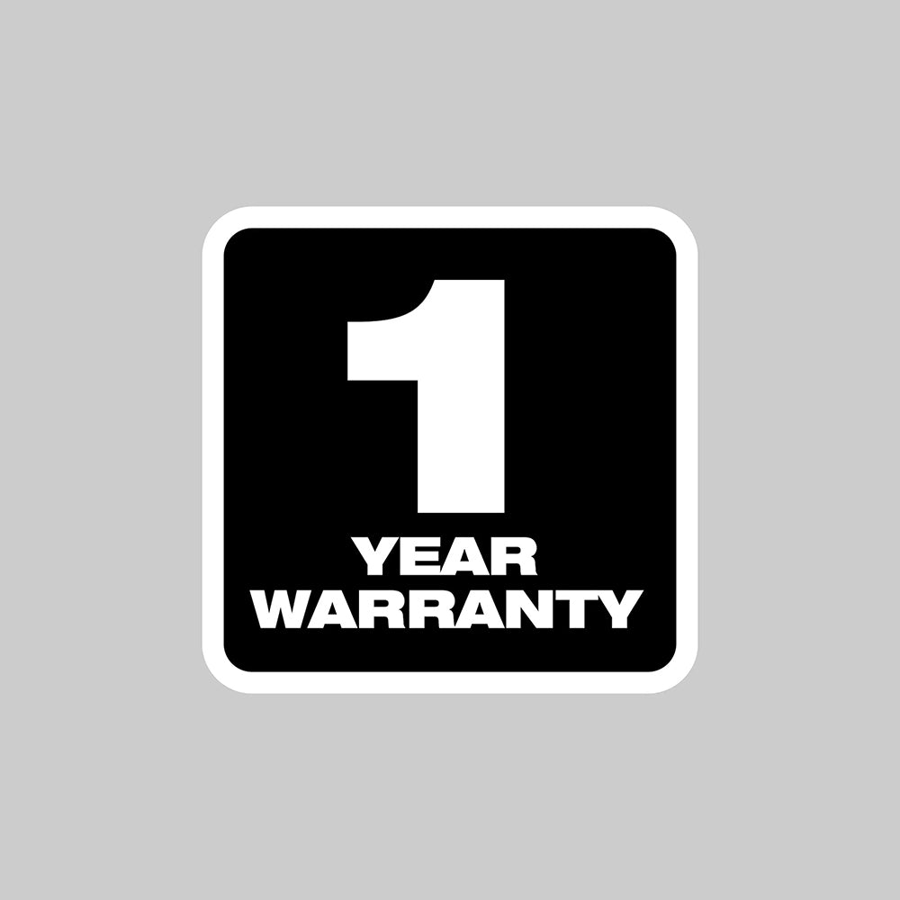 Black square with white text '1 Year Warranty' on a gray background