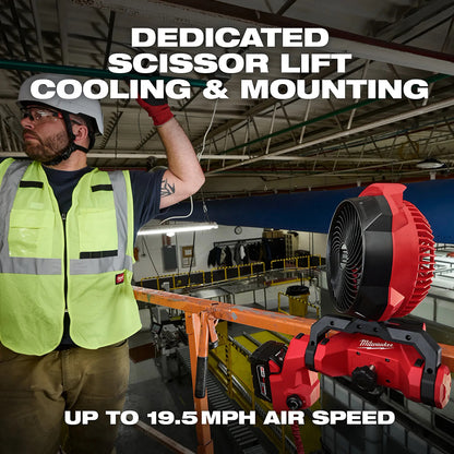 Person in a warehouse setting with a Milwaukee tool and text about scissor lift cooling and mounting.