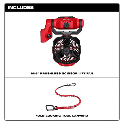 Red and black brushless scissor lift fan with 10lb locking tool lanyard on a white background