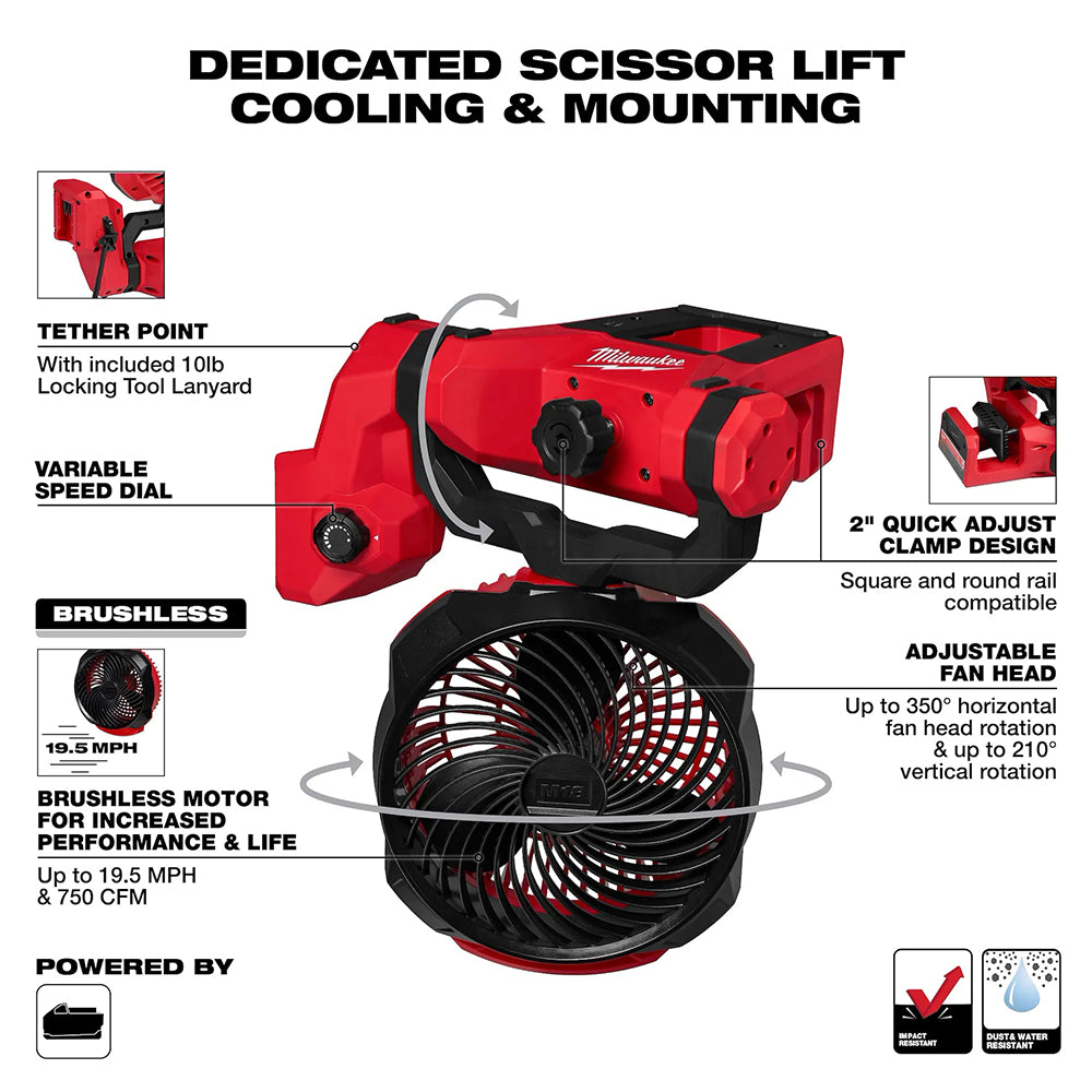 Red and black fan with features highlighted on a white background