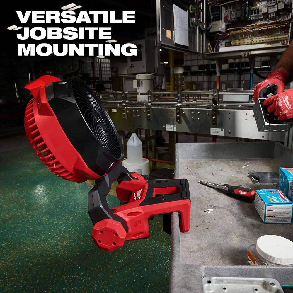 Red and black fan on a jobsite with text 'Versatile Jobsite Mounting'.