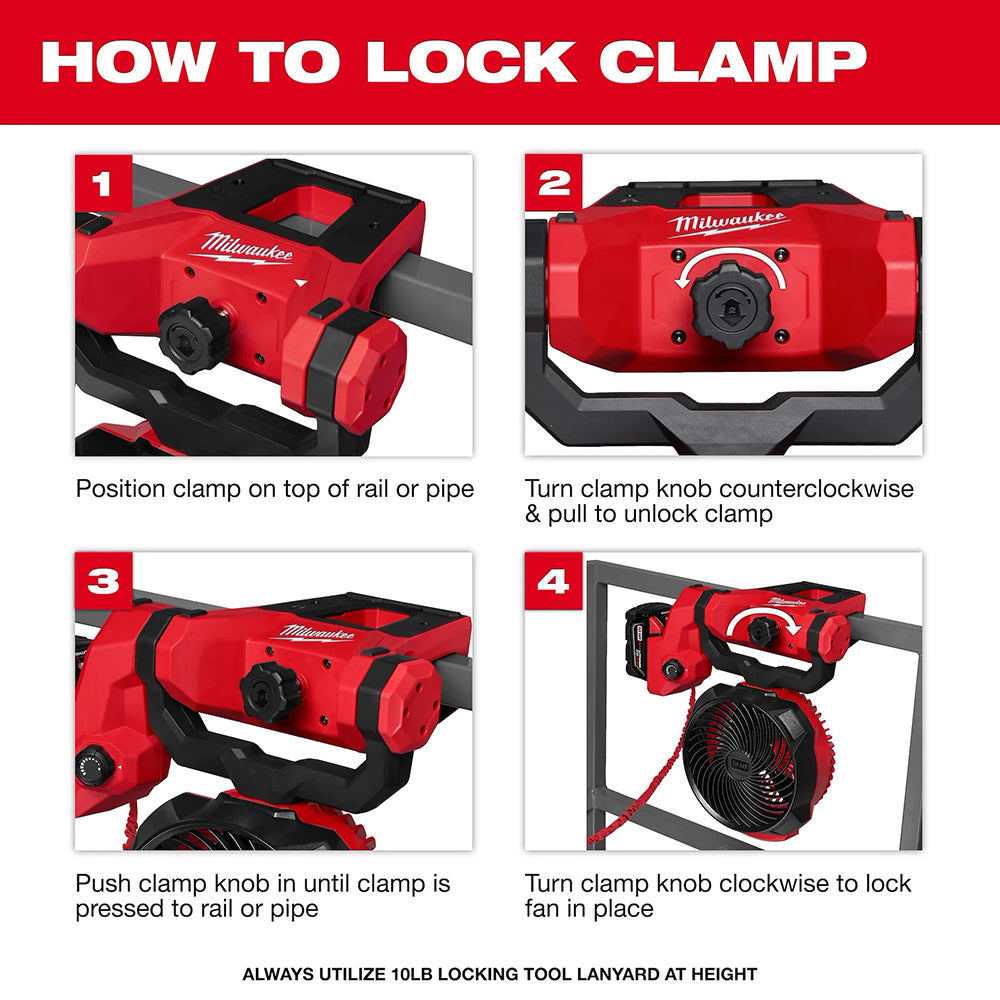Step-by-step guide on how to lock a Milwaukee clamp with images and text instructions.