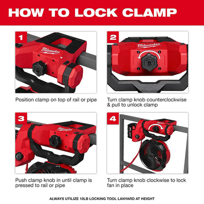 Step-by-step guide on how to lock a Milwaukee clamp with images and text instructions.