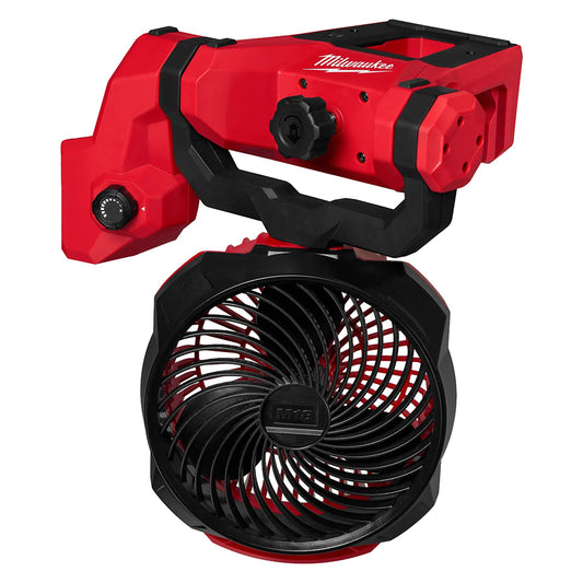 Red and black Milwaukee fan on a white background