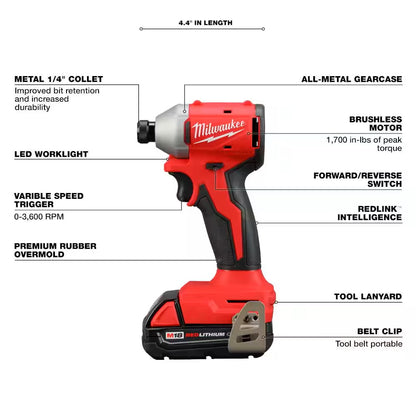 Red Milwaukee power tool with feature labels on a white background