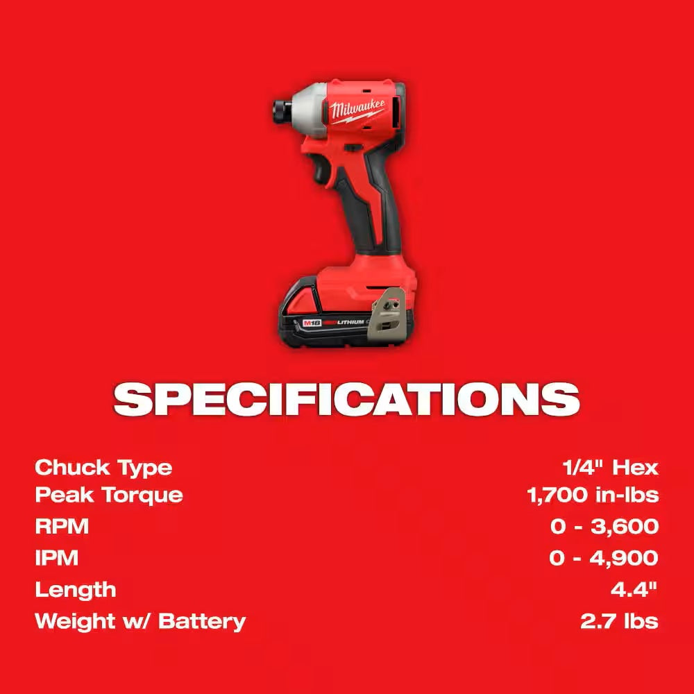 Milwaukee cordless impact driver on a red background with specifications listed.
