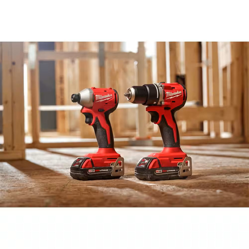 Two Milwaukee power tools on a wooden floor with construction background