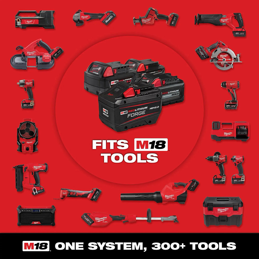 Milwaukee M18 tool batteries and accessories on a red background with tool branding.