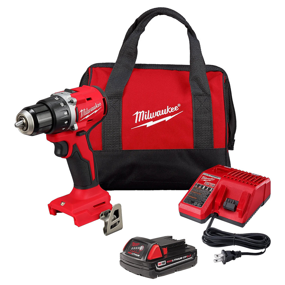 Milwaukee power drill set with battery, charger, and carrying bag on a white background
