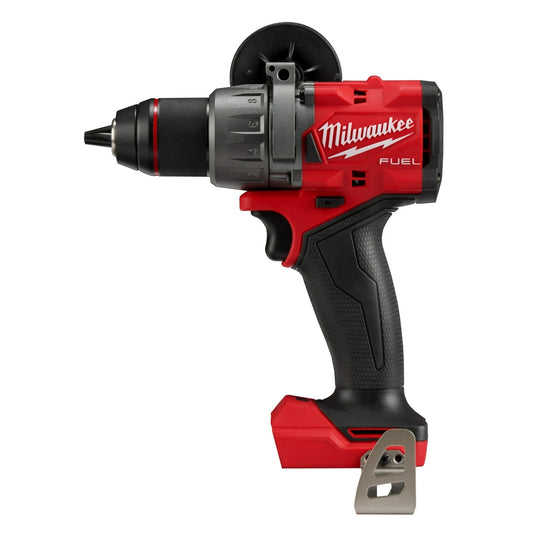 A red and black Milwaukee M18 FUEL 1/2" Hammer Drill/Driver with a side handle and belt clip.