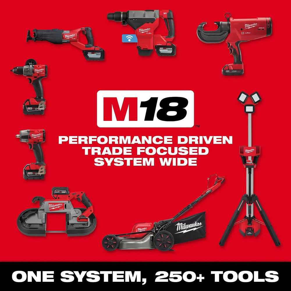 Milwaukee M18 tool lineup on a red background with the brand logo and tagline.