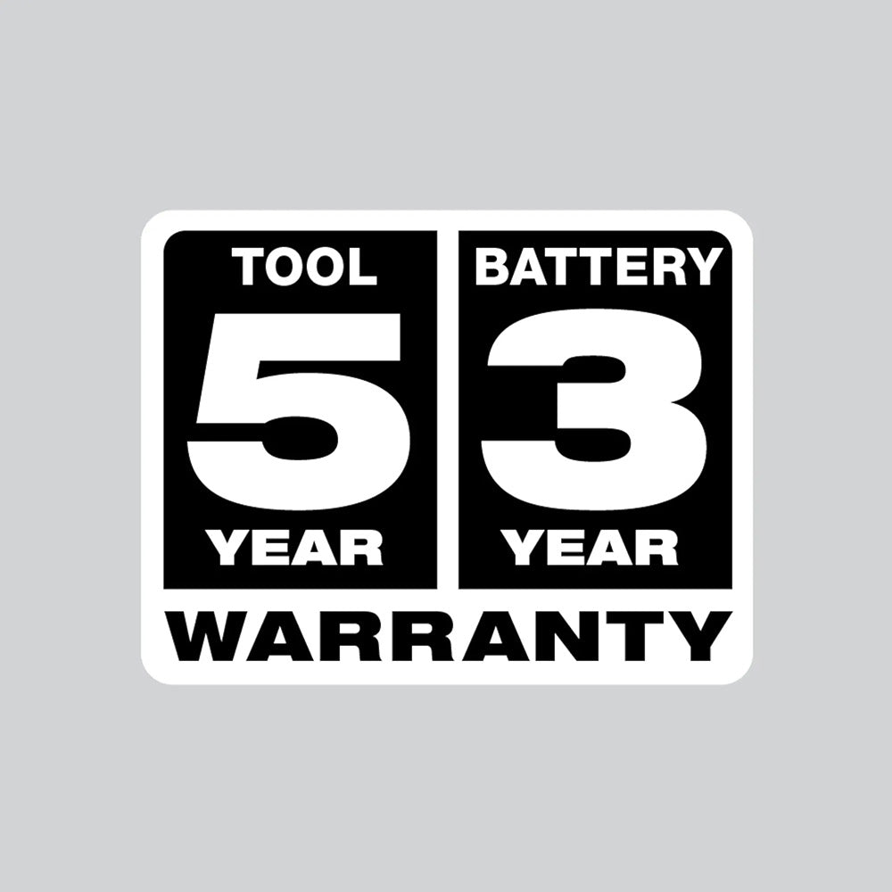 Warranty label for tool and battery with '5 year' and '3 year' text on a gray background