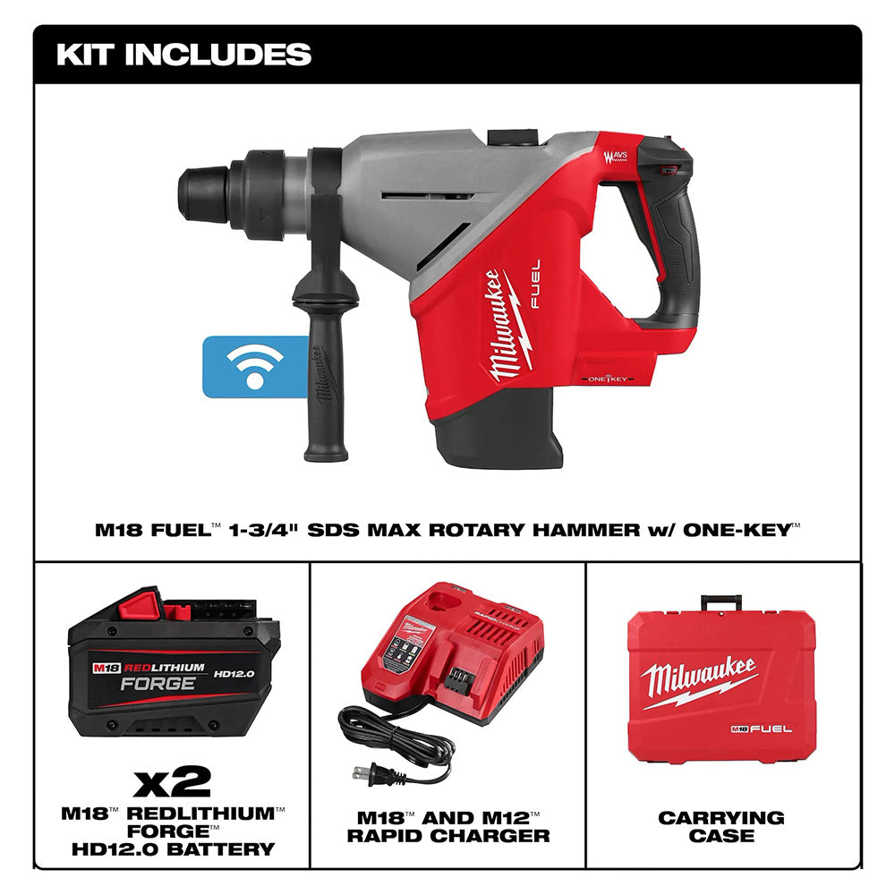 Milwaukee M18 Fuel rotary hammer kit with battery, charger, and carrying case on a white background.