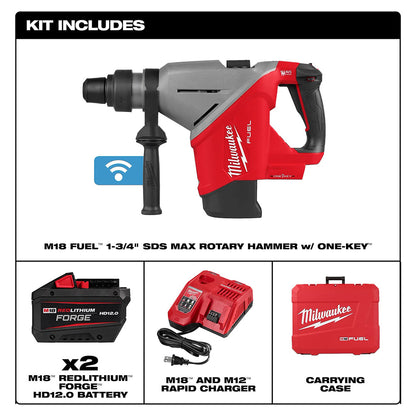 Milwaukee M18 Fuel rotary hammer kit with battery, charger, and carrying case on a white background.