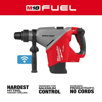 Red and gray Milwaukee M18 FUEL drill with branding and feature text on a white background.