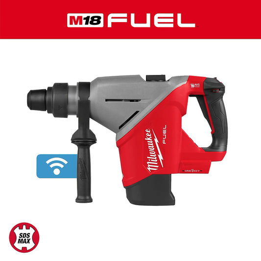 Red and gray Milwaukee M18 FUEL drill with 'SDS MAX' logo on a white background