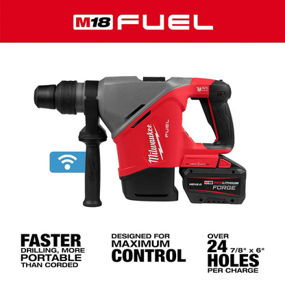 Red and gray Milwaukee M18 FUEL drill with battery on a white background