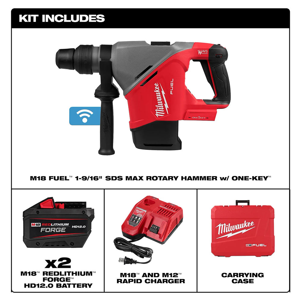 Milwaukee M18 Fuel rotary hammer with battery, charger, and carrying case on a white background.