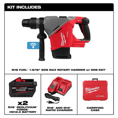 Milwaukee M18 Fuel rotary hammer with battery, charger, and carrying case on a white background.