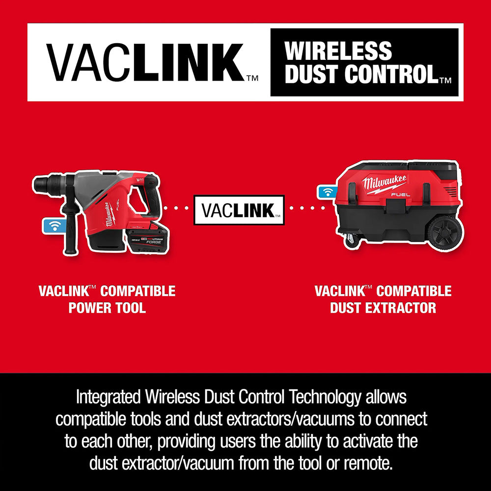 VacLink wireless dust control system advertisement with power tool and dust extractor on a red background.